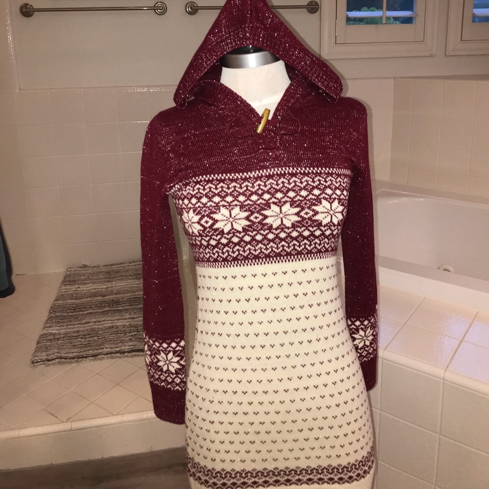 Maroon and cream sweater dress with hood